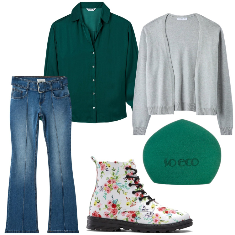 Outfit donna - Total look #2026324. Stile Casual per Tutti i giorni. Abbinamento con stivaletti, fondotinta, camicie, cardigans, jeans a zampa.