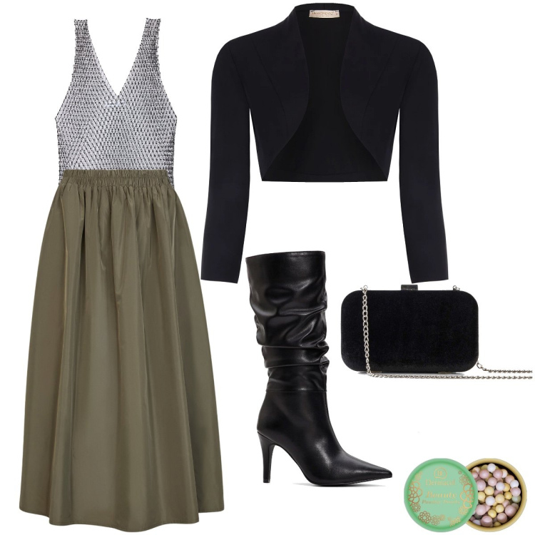Outfit donna - Il bolero nero. Stile Bon Ton per Serata fuori. Abbinamento con stivali, pochette, blush, top, bolero, gonne lunghe.