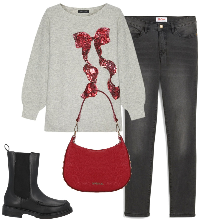Outfit donna - Holidays. Stile Basic per Tutti i giorni. Abbinamento con jeans slim fit, stivaletti, borse a spalla, maglieria.