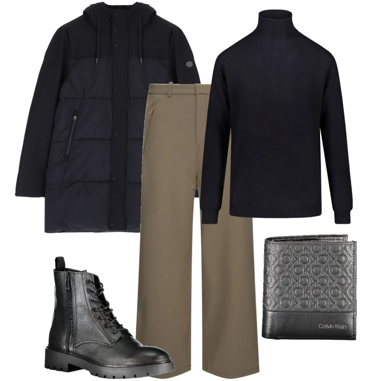 Outfit uomo - Il piumino imbottito. Stile Business/Elegante per Serata speciale. Abbinamento con piumini, maglieria, portafogli, stivali, pantaloni.