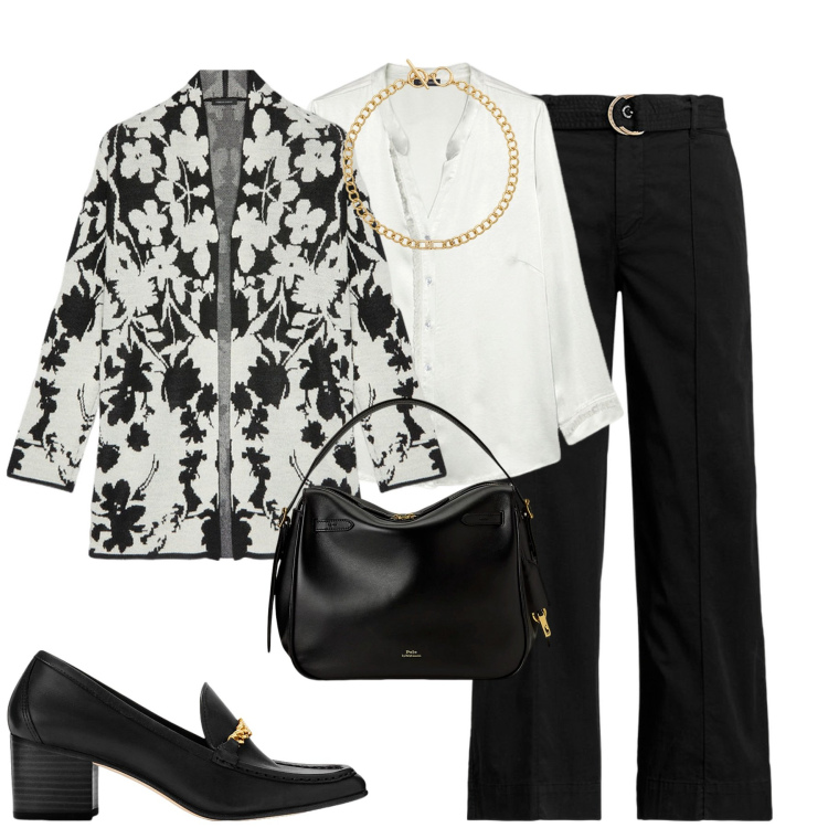 Outfit donna - Il cardigan sulla camicia. Stile Urban per Tutti i giorni. Abbinamento con décolleté, borse a mano, pantaloni, collane, cardigans, camicie.