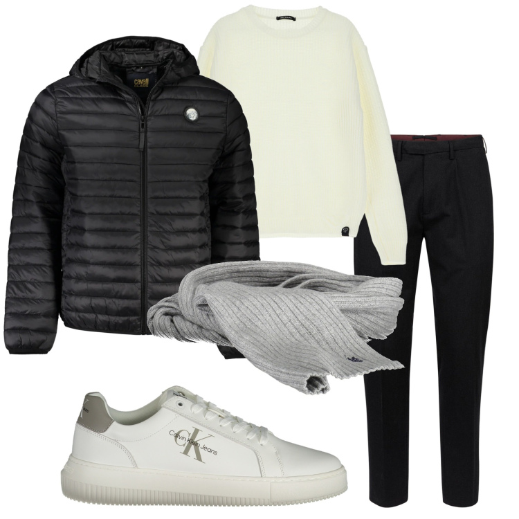 Outfit uomo - Basic style. Stile Casual per Ufficio. Abbinamento con maglieria, pantaloni, sneakers, sciarpe, giacche.