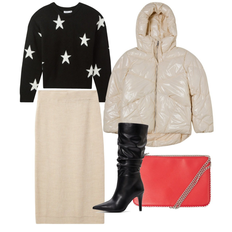 Outfit donna - Ecrù e nero. Stile Chic per Tutti i giorni. Abbinamento con stivali, borse a tracolla, gonne lunghe, blazer, maglieria.