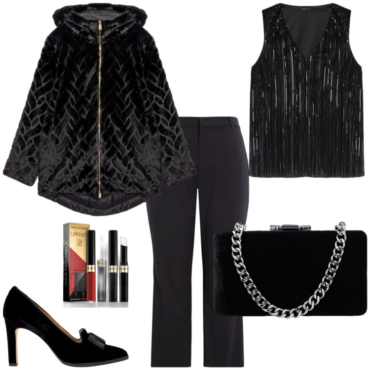 Outfit donna - La clutch in velluto. Stile Chic per Serata fuori. Abbinamento con rossetti, pantaloni, clutch, décolleté, blazer, top.