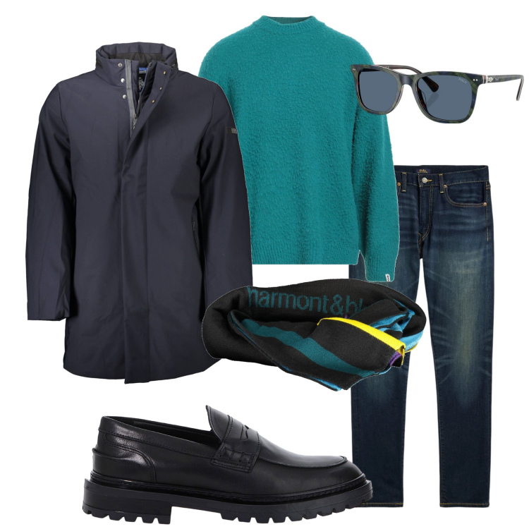 Outfit uomo - In città. Stile Urban per Ufficio. Abbinamento con pullovers, scarpe stringate, jeans, occhiali da sole, trench, sciarpe.