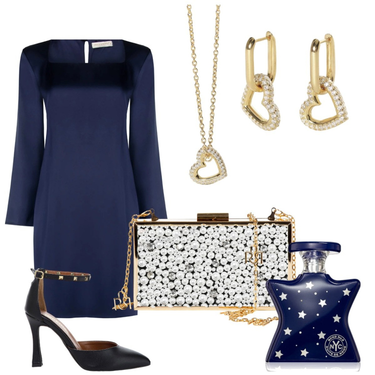 Outfit donna - Dicembre in blu e oro. Stile Chic per Serata fuori. Abbinamento con profumi, orecchini, collane, pochette, vestiti midi/longuette, décolleté.