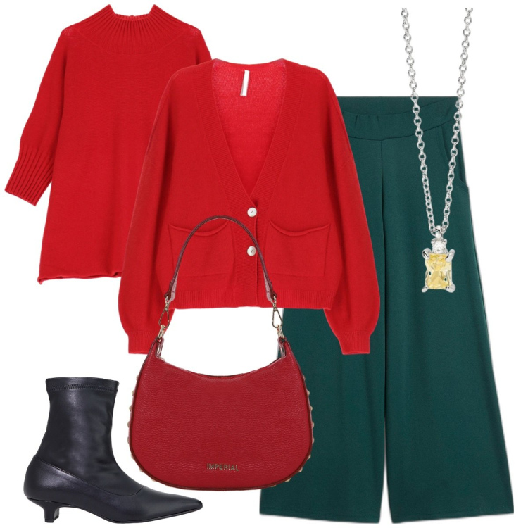 Outfit donna - Rosso over taglia 50. Stile Casual chic per Serata fuori. Abbinamento con pantaloni culotte, collane, cardigans, borse a spalla, cappe, stivaletti.