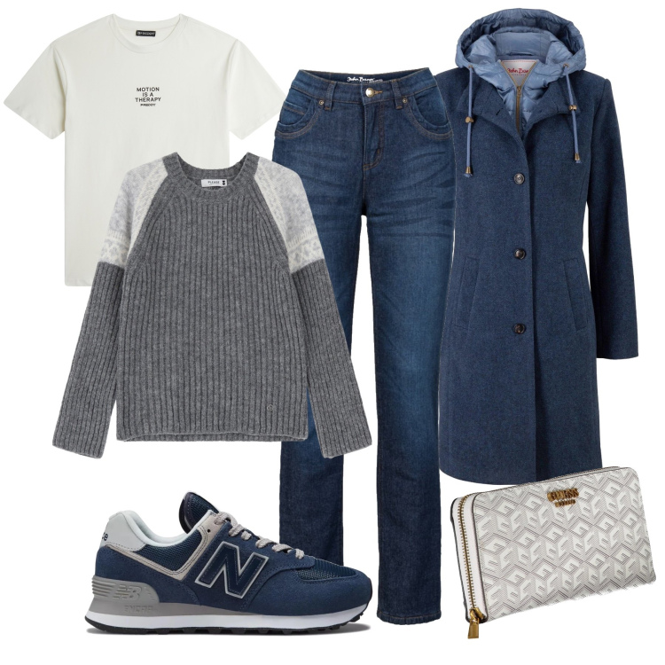 Outfit donna - Dettagli contro il freddo. Stile Urban per Tutti i giorni. Abbinamento con cappotti, jeans dritti, sneakers, pullovers, t-shirt, portafogli.
