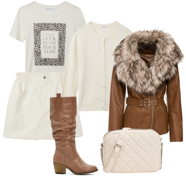 Outfit donna - Bianco lana e cammello. Stile Trendy per Tutti i giorni. Abbinamento con stivali, blazer, minigonne, t-shirt, borse a tracolla, cardigans.