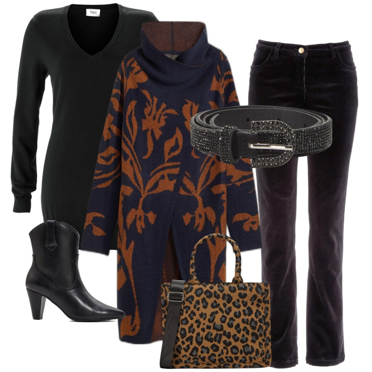 Outfit donna - Taglie over 50. Stile Casual chic per Tutti i giorni. Abbinamento con maglieria, pantaloni, cardigans, stivaletti texani, shopping bag, cinture.