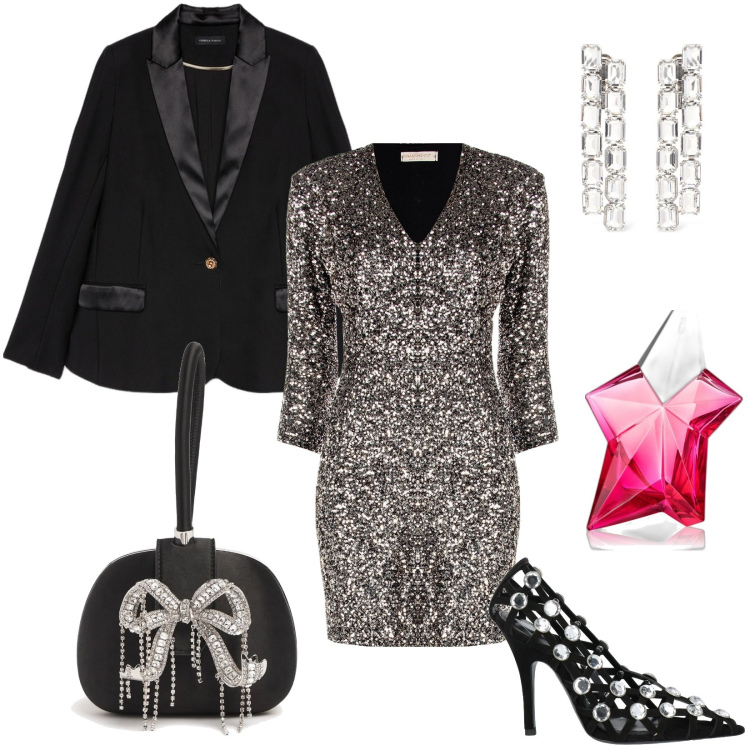 Outfit donna - Festa di fine anno. Stile Glamour per Serata fuori. Abbinamento con décolleté, profumi, vestiti midi/longuette, orecchini, blazer, pochette.