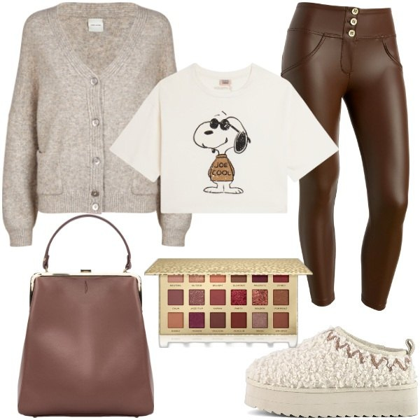 Outfit donna - Natale in famiglia casual. Stile Casual chic per Tutti i giorni. Abbinamento con ombretti, pantaloni skinny, t-shirt, sabot, borse a spalla, cardigans.
