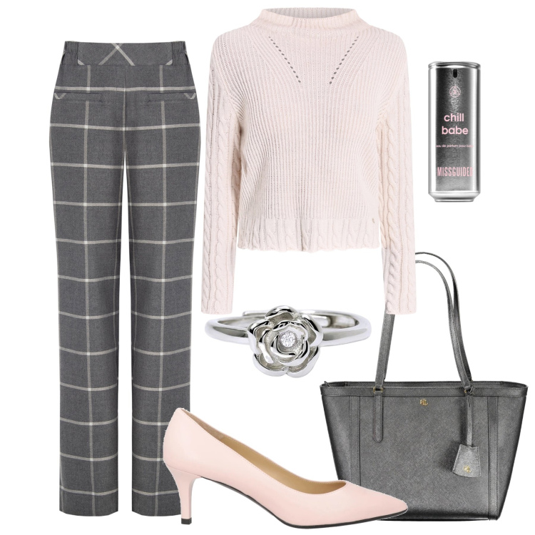 Outfit donna - Chic con i pantaloni check. Stile Glamour per Tutti i giorni. Abbinamento con décolleté, profumi, anelli, maglieria, pantaloni, borse a spalla.