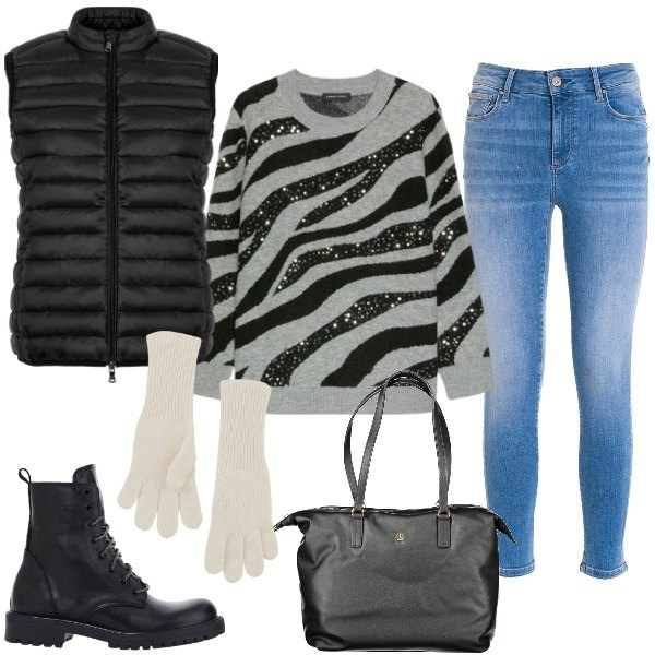 Outfit donna - look confort. Stile Urban per Tutti i giorni. Abbinamento con jeans skinny, guanti, stivaletti, piumini, borse a spalla, maglieria.