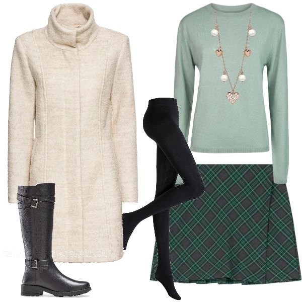 Outfit donna - Look con mini. Stile Casual per Ufficio. Abbinamento con cappotti, stivali, collant, collane, minigonne, maglieria.
