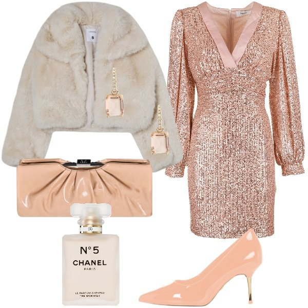Outfit donna - Total look #2026475. Stile Chic per Serata fuori. Abbinamento con profumi, blazer, décolleté, pochette, vestiti, orecchini.