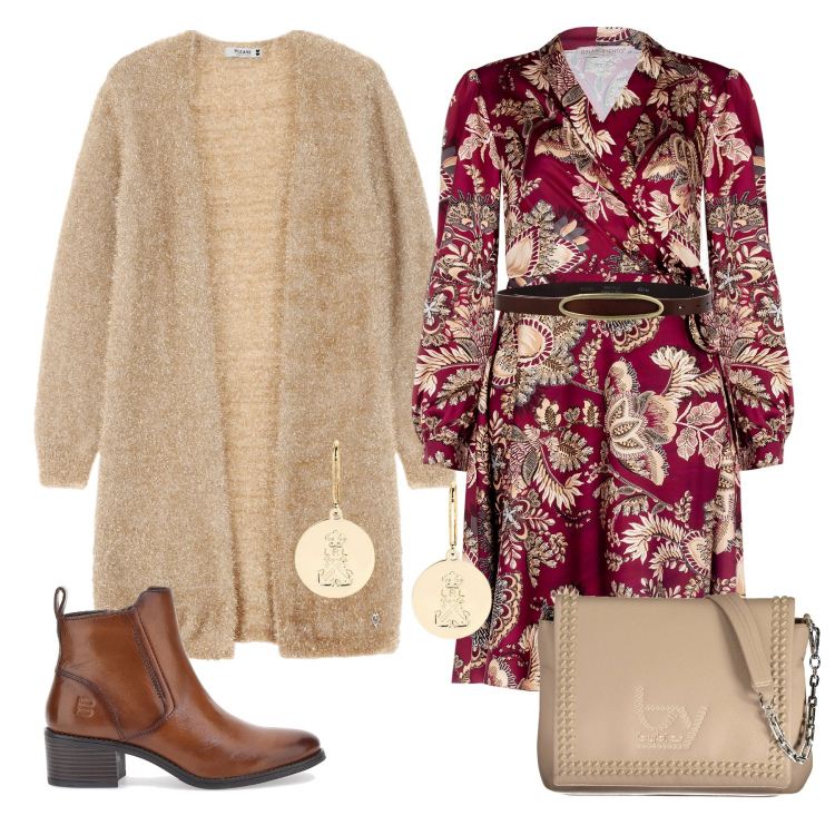 Outfit donna - Pomeriggio in città. Stile Casual chic per Tutti i giorni. Abbinamento con cardigans, cinture, vestiti, orecchini, stivaletti, borse a spalla.
