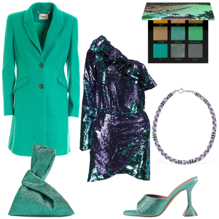 Outfit donna - Festa di fine anno. Stile Glamour per Serata fuori. Abbinamento con vestiti corti, sandali in pelle, ombretti, cappotti, borse a mano, collane.