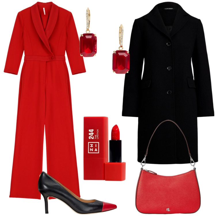 Outfit donna - Rosso a dicembre. Stile Chic per Serata fuori. Abbinamento con rossetti, tute, orecchini, cappotti, décolleté, borse a spalla.
