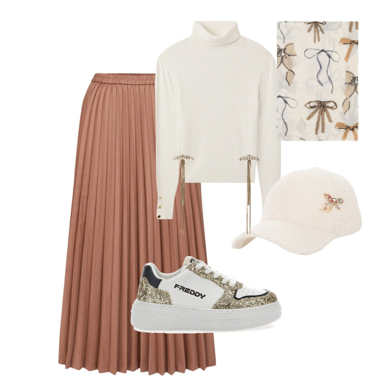 Outfit donna - Dettagli luminosi auguri!. Stile Casual chic per Tutti i giorni. Abbinamento con orecchini, maglieria, sciarpe, cappelli, sneakers, minigonne.