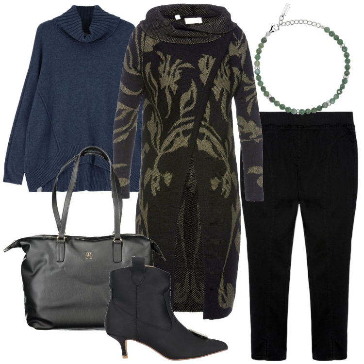 Outfit donna - Taglie over 50. Stile Casual chic per Tutti i giorni. Abbinamento con cardigans, stivaletti, braccialetti, maglieria, borse a spalla, jeggings.