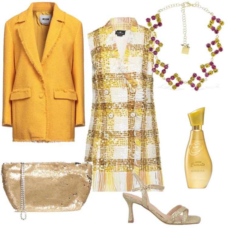 Outfit donna - Festa di fine anno. Stile Glamour per Serata fuori. Abbinamento con blazer, vestiti corti, borse a mano, sandali in pelle, profumi, collane.