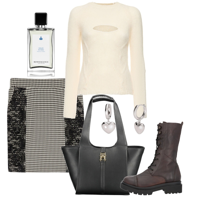 Outfit donna - Pizzo nero. Stile Chic per Tutti i giorni. Abbinamento con stivali, profumi, orecchini, gonne, maglieria, borse a spalla.
