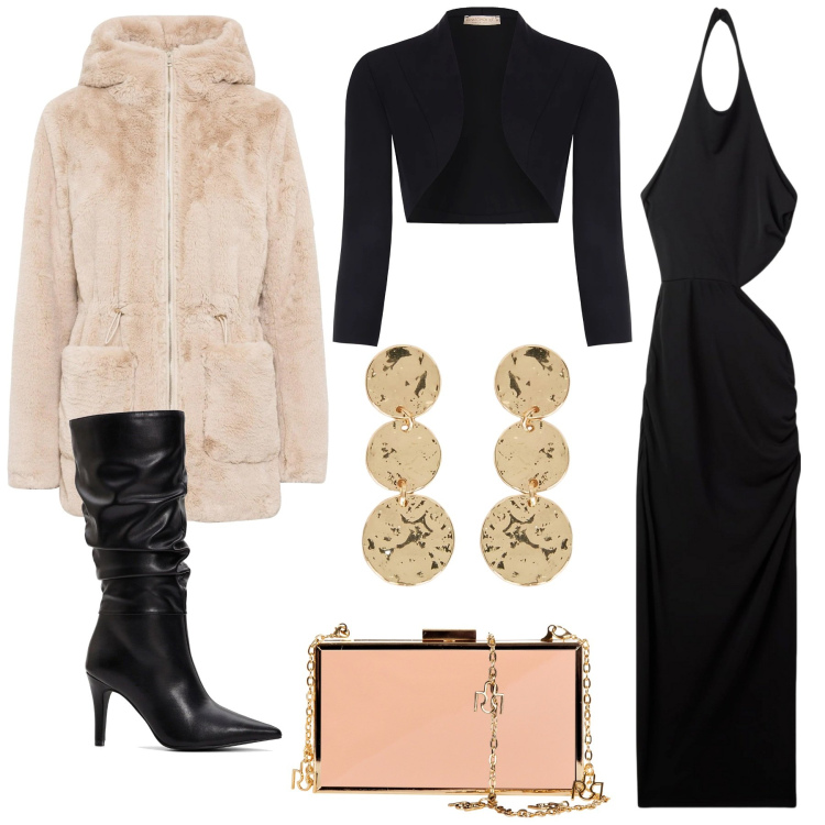 Outfit donna - Serata fuori. Stile Sexy per Serata fuori. Abbinamento con ecopellicce, stivali, vestiti lunghi, bolero, pochette, orecchini.
