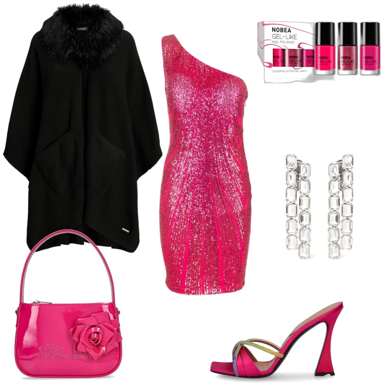 Outfit donna - Festa di fine anno. Stile Glamour per Serata fuori. Abbinamento con smalti, vestiti asimmetrici, cappe, borse a mano, sandali in pelle, orecchini.