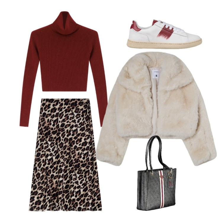 Outfit donna - Dolce pelliccia. Stile Casual per Tutti i giorni. Abbinamento con sneakers, blazer, maglieria, gonne longuette, borse a spalla.