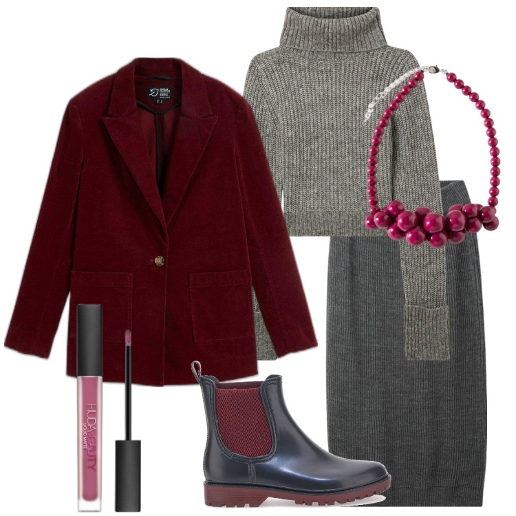 Outfit donna - Gray. Stile Casual per Tutti i giorni. Abbinamento con blazer, rossetti, maglieria, gonne lunghe, stivaletti chelsea, collane.
