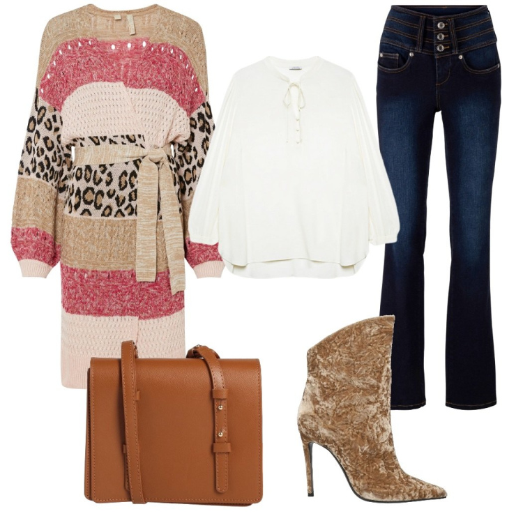 Outfit donna - I nuovi anni \'70. Stile 70s per Tutti i giorni. Abbinamento con jeans bootcut, cardigans, borse a tracolla, stivaletti, bluse.