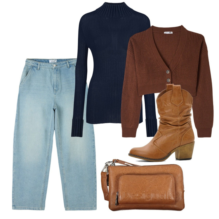 Outfit donna - Accessori cuoio. Stile Casual per Tutti i giorni. Abbinamento con stivaletti texani, jeans, cardigans, maglieria, borse a tracolla.