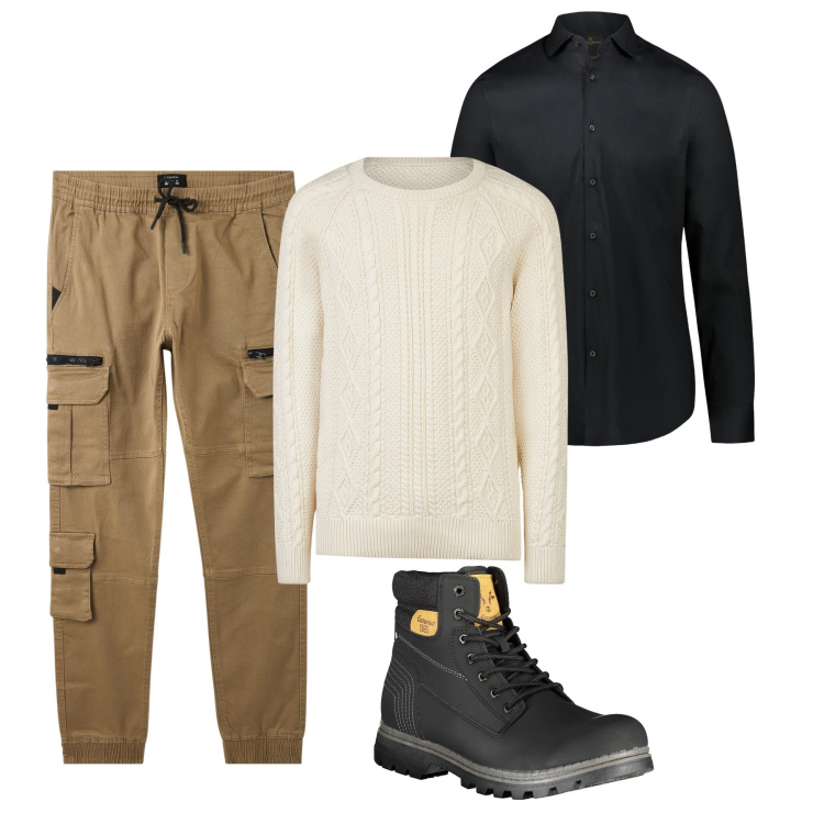 Outfit uomo - Mix di stili. Stile Urban per Tutti i giorni. Abbinamento con pantaloni cargo, camicie, maglieria, stivali.