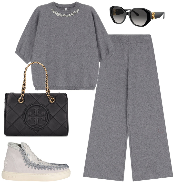 Outfit donna - City. Stile Urban per Tutti i giorni. Abbinamento con stivaletti, maglieria, pantaloni, occhiali da sole, borse a spalla.