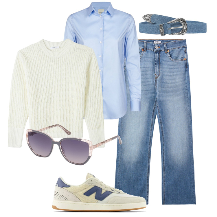 Outfit donna - Maglia in ciniglia e camicia classica. Stile Casual per Tutti i giorni. Abbinamento con cinture, jeans skinny, maglieria, sneakers, camicie, occhiali da sole.