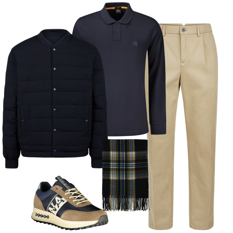 Outfit uomo - City. Stile Urban per Tutti i giorni. Abbinamento con sciarpe, pantaloni, sneakers, piumini, polo.