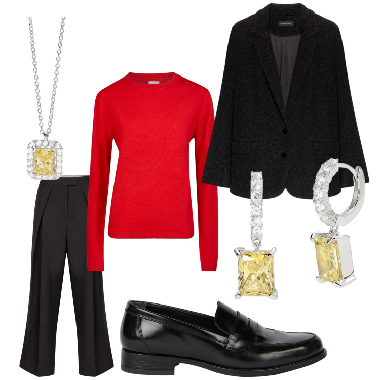 Outfit donna - Easy ma elegante. Stile Casual chic per Serata fuori. Abbinamento con orecchini, collane, maglieria, blazer, mocassini, pantaloni.