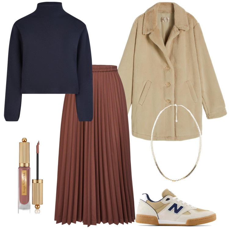 Outfit donna - Natale in famiglia. Stile Casual per Tutti i giorni. Abbinamento con rossetti, sneakers, cappotti, collane, minigonne, cardigans.