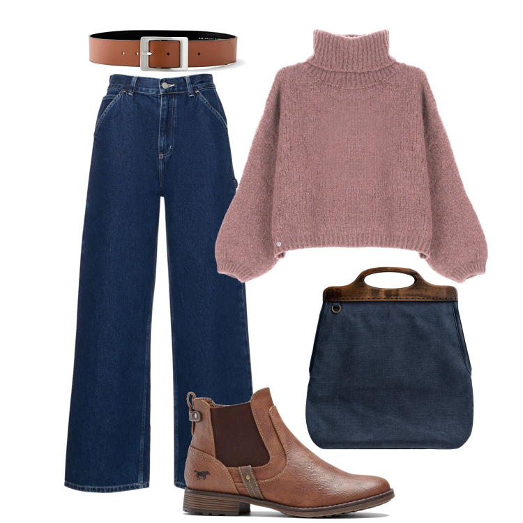 Outfit donna - Un maglione caldo e avvolgente. Stile Casual per Tutti i giorni. Abbinamento con cinture, stivaletti chelsea, maglieria, pantaloni, borse a tracolla.