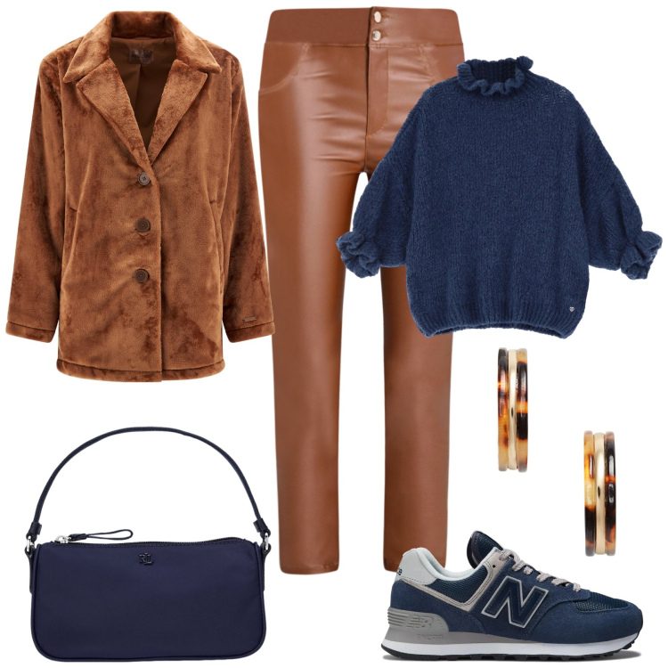 Outfit donna - In città. Stile Casual per Tutti i giorni. Abbinamento con sneakers, pantaloni, maglieria, cappotti, orecchini, pochette.