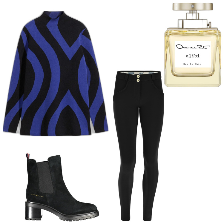 Outfit donna - Curve sinuose blu e nere. Stile Glamour per Tutti i giorni. Abbinamento con maglieria, profumi, pantaloni skinny, stivaletti.