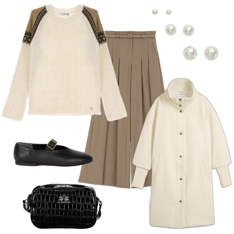 Outfit donna - Toni neutri. Stile Casual chic per Tutti i giorni. Abbinamento con cappotti, pullovers, pantaloni a palazzo, orecchini, ballerine, borse a tracolla.