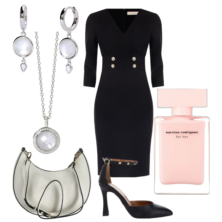 Outfit donna - Femminilità personale. Stile Casual chic per Serata fuori. Abbinamento con profumi, orecchini, collane, vestiti a tubino, décolleté, borse a spalla.