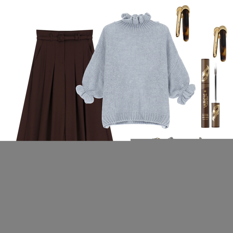 Outfit donna - Ebano e azzurro polvere. Stile Casual chic per Ufficio. Abbinamento con stivaletti, mascara, maglieria, pantaloni, orecchini, borse a spalla.