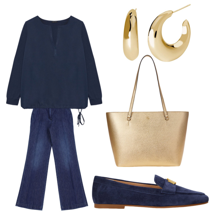 Outfit donna - Aperitivo. Stile Trendy per Tutti i giorni. Abbinamento con orecchini, jeans, mocassini, borse tote, t-shirt.
