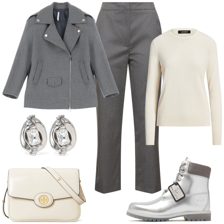 Outfit donna - Per il giorno. Stile Casual per Tutti i giorni. Abbinamento con blazer, maglieria, pantaloni, orecchini, borse a spalla, stivali.