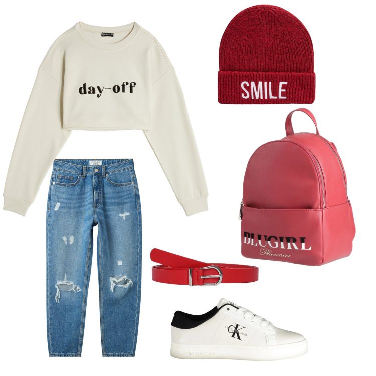 Outfit donna - Day off. Stile Casual per Scuola/Università. Abbinamento con zaini, cinture, jeans mom, berretti, felpe, sneakers.