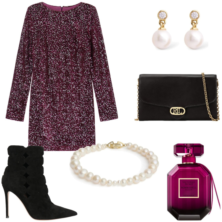 Outfit donna - Festa di fine anno. Stile Glamour per Serata fuori. Abbinamento con stivaletti, profumi, vestiti corti, borse a tracolla, braccialetti, orecchini.
