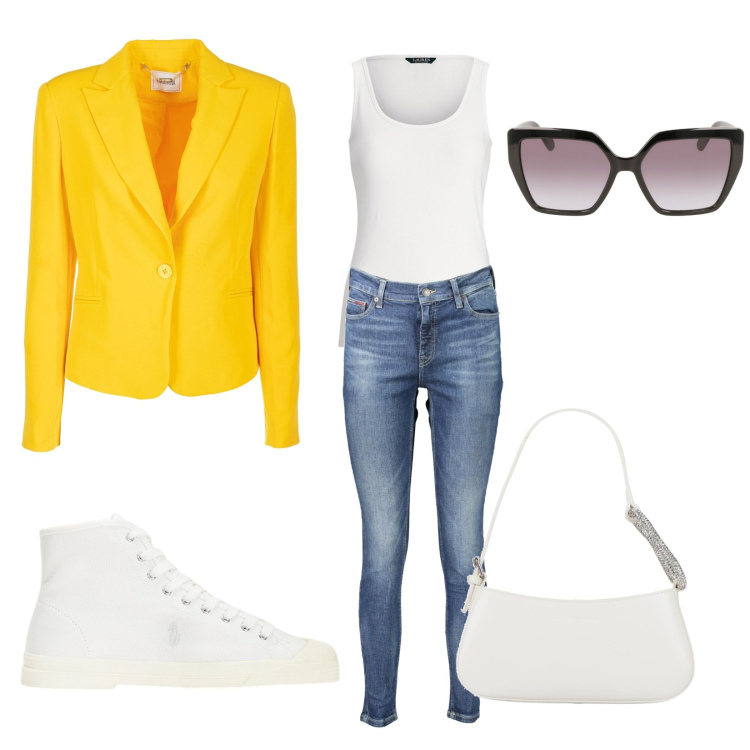 Outfit donna - Aria di primavera. Stile Minimal per Tutti i giorni. Abbinamento con borse a mano, blazer, sneakers alte, canottiere, occhiali da sole, jeans skinny.